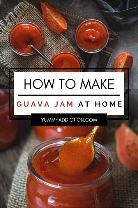 Sweet and tropical guava jam is a delicious way to preserve fresh guava flavor to enjoy as a condiment or spread. This easy stovetop recipe will yield 6 beautiful jars of jam for you to enjoy and share. #guava #condiment #jam #homemade #tropical Guava Butter Recipe, Strawberry Guava Jam, Guava Syrup Recipe, Guava Sauce Recipe, Guava Jam Recipe Without Pectin, Guava Jelly Recipe, Guava Scones, Strawberry Guava Recipes, Guava Preserves Recipe