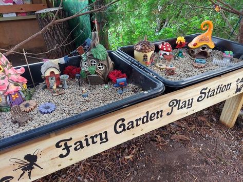 We have a Fairy Forest we created in the woods beside our house with all kinds of Fairy things. The kids stop in and really enjoy it and so we wanted to give them a way to play with fairy houses and pieces and create their own idea of a Fairy Garden.So we created a Fairy Garden Play Station! This is where it all started. This is what we ended up with! Pick up two sturdy bins at your local Home Depot or similar store. We used the smaller $7 ones. Buy (2) 1x6x8's and cut 2 piece… Interactive Fairy Garden, Kid Fairy Garden, Fairy Garden Outside, School Fairy Garden, Pallet Fairy Garden, Diy Simple Garden Ideas, Childminding Garden Ideas, Fairy Garden Kids Diy, Preschool Fairy Garden