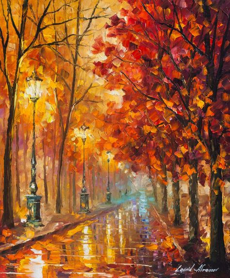 Autumn Oil Painting, Leonid Afremov, Fall Palette, Paintings Famous, Painting Subjects, Red Tree, Autumn Painting, Oil Painting Flowers, Night Art