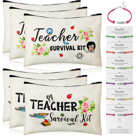 PRICES MAY VARY. Interesting combinations: package includes 6 pieces teachers survival kit cosmetic bag in 2 patterns, 6 pieces teacher blessing card bracelets in 6 different colors Well-made: the makeup bag is designed with zipper closure on the top for easy storage, sturdy and portable for daily use; The bracelet is made of quality wax rope and matte zinc alloy, durable and practical for long-term wearing Size details: each makeup pouch measures approx. 9 x 5.9 inch/ 23 x 15 cm (L x W), proper Bulk Teacher Appreciation Gifts, Teacher Survival Kit, Quotes Teacher, Survival Kit Gifts, Teacher Valentines, Survival Kit For Teachers, Teacher Survival, Teacher Costumes, Week Quotes