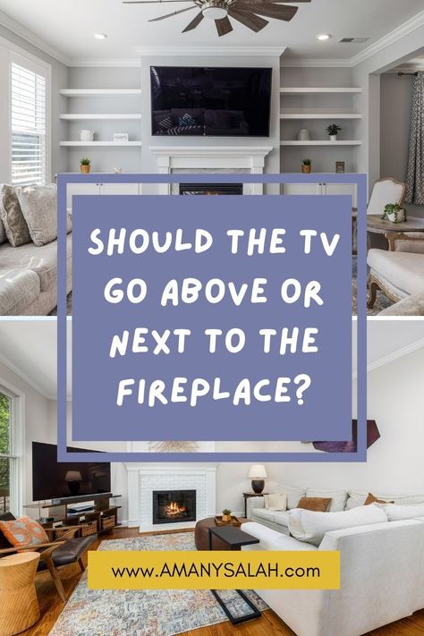 Should the TV go above or next to the fireplace? Pros and Cons of both of them. Tv In Living Room With Fireplace, Tv In Living Room Ideas With Fireplace, Living Room With Tv Next To Fireplace, Tv To Right Of Fireplace, Over Fireplace Tv Cabinet, Tv Side Of Fireplace, Tv By Fireplace Ideas, Tv Mounted Next To Fireplace, Tv Right Angle To Fireplace