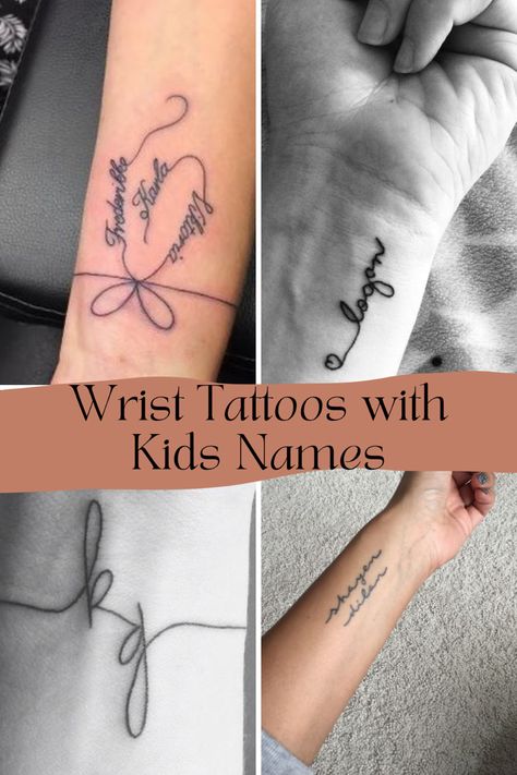 57 Sweetest Kids Name Tattoos + Ideas - TattooGlee Tatoo Mom 3 Kids, Initials Tattoo On Wrist, Tattoos For Moms Of 3, Classy Tattoo Locations, Twin Name Tattoo Ideas, 4 Sons Tattoo For Mom, Tattoo Ideas Meaning Family, Tattoo Numbers Ideas Design, Small Mom Tattoos Mothers