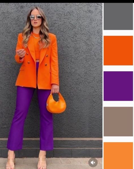 Purple Colorblock Outfit, Purple Color Combinations Outfit, Orange Blazer Outfits, Contrast Outfit, Colour Combinations Fashion, Color Combos Outfit, Orange Blazer, Color Blocking Outfits, Color Combinations For Clothes