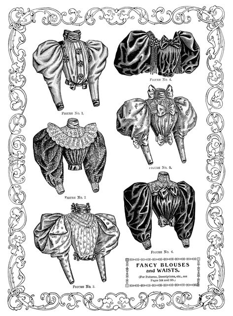 Fancy Victorian blouse styles, the sleeves were nicknamed 'mutton sleeves' for their visual similarities to a mutton chop.As women's dresses became more streamlined with smaller waists and hips (but a... Bella Epoque, Belle Epoque Fashion, Era Victoria, Victorian Era Fashion, 1890s Fashion, Victorian Blouse, Old Design, Fashion Clipart, Fashion Book