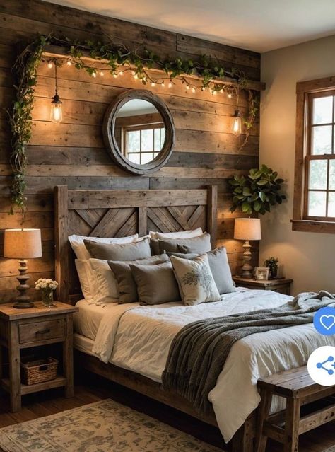 Country Style Master Room, Cottage Country Bedroom, Wood Bedroom Wall Ideas, Cottage House Interior Design Bedroom, Cabin Bedroom Wall Ideas, Country Decor For Bedroom, Lake Cabin Bedroom Ideas, Bedroom Wood Wall Ideas, Log Bedroom Ideas