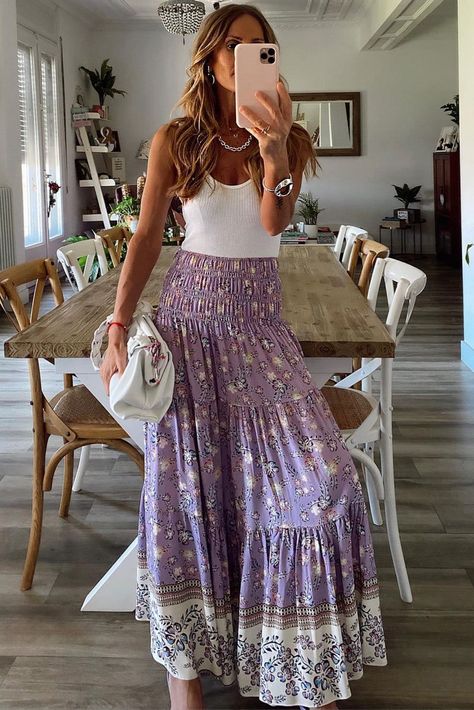 Floral Print Shirred High Waist Maxi Skirt - Purple / L / 100%Polyester Lavender Skirt Outfit, 70s Inspired Outfits, High Waist Maxi Skirt, Lavender Skirt, Skirt Inspiration, Skirt Purple, Purple Floral Print, Crochet Skirts, High Waisted Maxi Skirt