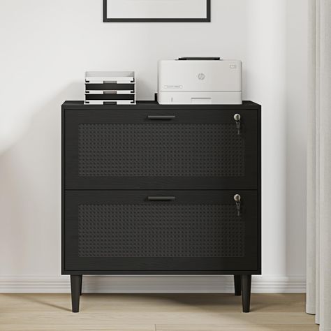 PRICES MAY VARY. 【Large Storage Space】This lateral file cabinet comes with 2 large drawers, in which you can hang files in US Letter Size. 【Quality Material】Made of high quality particle board and solid wood legs, this black file cabinet with lock is stable and durable enough to serve a long usage. 【Stable Structure】With its thicken wood panels, the 2-drawer file cabinet is sturdy and will not deform easily. The maximum weight capacity is 200lbs for top and 50lbs for drawer. 【Elegant Rattan Desi Office Storage Filing Cabinets, Chic Filing Cabinet, Office Credenza With File Cabinet, Home Office File Storage Ideas, Black Home Office Desk, Office With Filing Cabinets, Office Storage Ideas, Modern File Cabinet, Office Finds