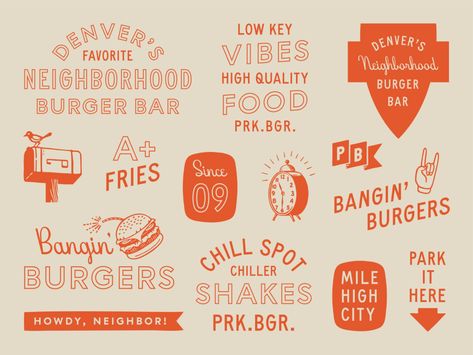 Park Burger Brand Assets by Val Waters for 48 Savvy Sailors on Dribbble Burger Shop Branding, Food Business Branding, Burger Marketing, Burger Graphic Design, Bar Branding Design, Bar Graphic Design, Kitchen Branding, Diner Branding, Burger Illustration