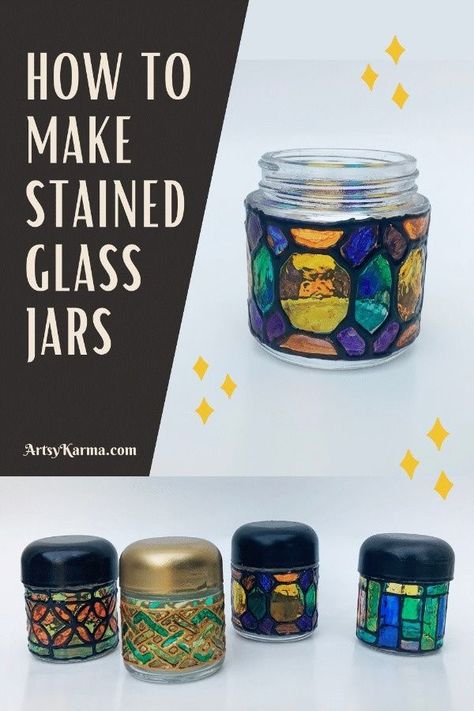 Glass Jars Diy, Crafts With Glass Jars, Painting Glass Jars, Diy Staining, Making Stained Glass, Stained Glass Paint, Jar Art, Jar Lanterns, Mini Jars