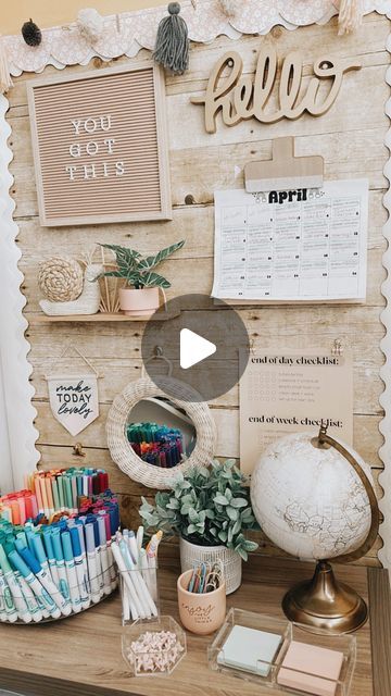 Cork Board Classroom Ideas, Cute Bulletin Boards For Office, Behind Teacher Desk Decor, Cute Classroom Ideas Middle School, College Classroom Aesthetic, School Administrator Office, Teachers Office Ideas, Boho Bulletin Board Ideas, School Office Decorating Ideas