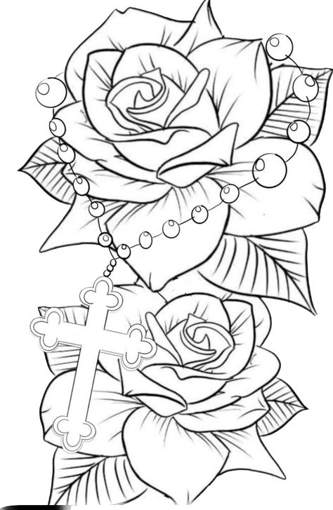 Floral Rosary Tattoo, Skull Rose Tattoo Design, Tattoo Designs Drawings, Desenho Tom E Jerry, Sleeve Tattoo Designs, Rose Drawing Tattoo, Rose Stencil, Flower Tattoo Drawings, Cool Tattoo Drawings