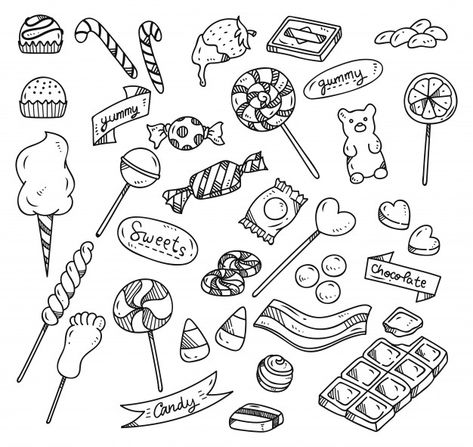 Set of candy doodle Premium Vector | Premium Vector #Freepik #vector #food Candy Drawing Cute, 2d Art Ideas, Drawing Of Candy, Sweets Doodles, Doodle Candy, Candy Tattoo Ideas, Tv Doodle, Dessert Doodles, Candy Doodles