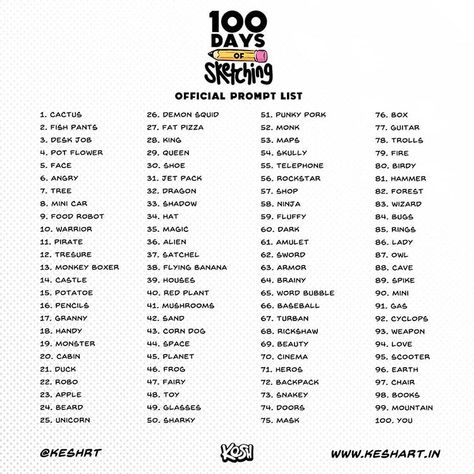 The official Prompt list for '100 Days of Sketching' starting MAY 1st. And the video for this launches tommorow at 5 PM IST.on my YouTube… Sketch Everyday, Faces Anatomy, Sketching Challenge, 30 Day Art Challenge, Art Journal Challenge, 30 Day Drawing Challenge, Prompt List, Journal Challenge, Drawing Ideas List