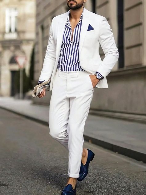 Manfinity Mode Men's Loose White Button Design Casual Blazer | SHEIN USA Off White Blazer Outfit Men, Off White Blazer Outfit, White Blazer Outfit Men, White Blazer Outfit Casual, White Blazer Outfit, Choir Uniforms, Casual Blazer Men, White Blazer Outfits, Traditional Mehndi