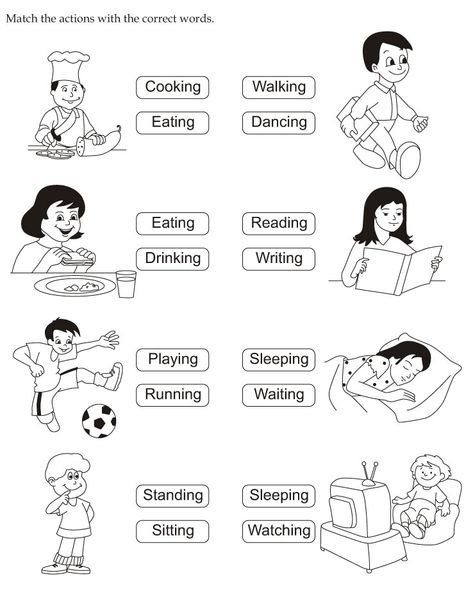 Match the actions with the correct words Action Words Worksheet, Action Words For Kids, Worksheets For Kids English, Action Verbs Worksheet, Aktiviti Prasekolah, English Activity, Materi Bahasa Inggris, English Worksheets For Kindergarten, Grammar For Kids