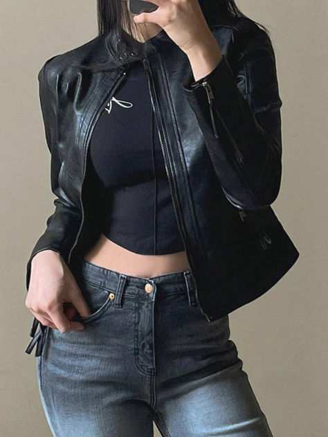 ⚡Buy 2023 Collar Neck Zip Up Slim Moto Leather Jacket Black S under $43.00 in Jackets at AnotherChill.com Online. Style: Casual/Street/Vintage/Hip Pop/Rock. Fabric Content: Polyester. Fit Type: Slim Fit. Neckline: Collar Neck. Sleeve Length: Long Sleeve. Unique Design: Elevate your outfit with this stylish black leather jacket. Its slim fit and collar neck add a touch of sophistication to any look.. Versatile Style: Ideal for various occasions with its casual, street, vintage, hip pop, and rock Moto Leather Jacket, Hipster Style, Rock Fashion, Leather Jacket Outfits, Collar Neck, Looks Black, Women Street, American People, Hipster Fashion