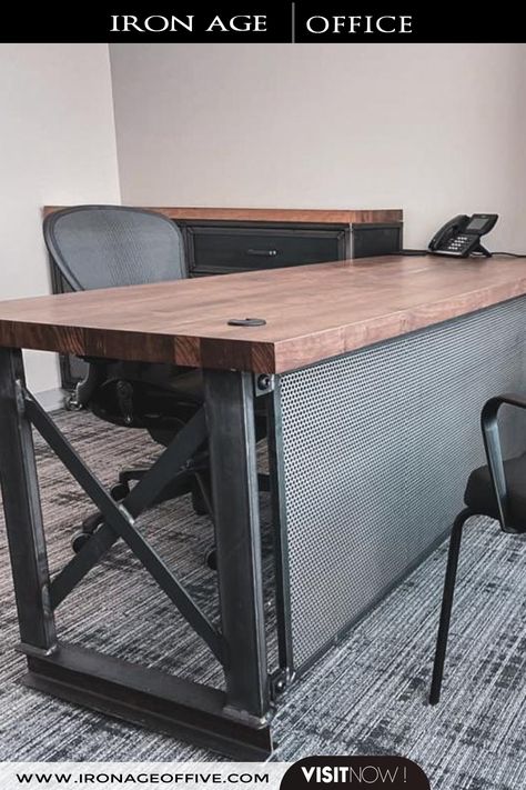 Modern Industrial Desk, Steel And Wood Desk, Industrial Desk Office, Industrial Furniture Desk, Different Wood Stains, Metal And Wood Desk, Industrial Desks, Steel Office Table, Metal Office Desk