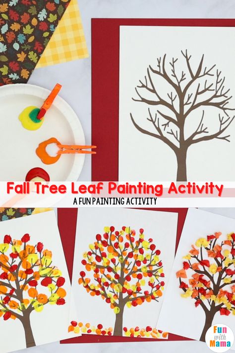 Fall Tree Q Tip Painting, Autumn Finger Painting, Fingerprint Fall Tree, Qtip Fall Tree Painting, Finger Tree Painting, Fall Painting Kindergarten, Fall Paint Projects For Kids, Q Tip Fall Tree Painting, Leaf Artwork For Kids