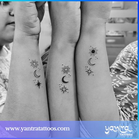 One is the sun☀️, the other is the moon🌙 and then the star.🌟 They all shine together on the skies of friendship. Amazing tattoos when three close friends inked together their bond on their forearms from Yantra studio.   #yantratattoos #friendshiptattoos #tattoodesigns #chennaitattoos Tattoo Ideas Three Sisters, Sun Moon Star Sibling Tattoo, Sun Moon Star Trio Tattoo, Matching Star Tattoos Best Friends, Three Sister Tattoos Small, 3 Friend Tattoo Ideas, Moon Sun And Stars Tattoo Matching, 3 Best Friend Tattoos Sun Moon Star, Three Friendship Tattoos