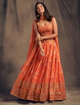 Orange Color Wedding, Engagement Lehenga, Wedding Lehenga Choli, Bridesmaid Lehenga, Lehenga Choli For Women, Choli For Women, Indian Accessories, Floral Lehenga, Navratri Chaniya Choli