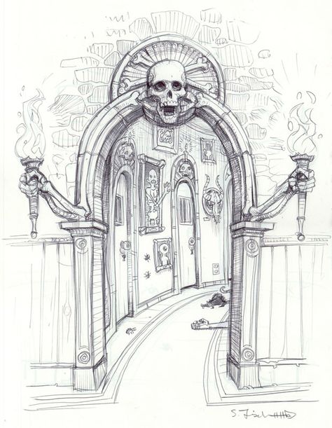 "The Haunted Hallway" original illustration from Scary School by Scott M. Fischer available at the R.Michelson Galleries. Scary Map Drawing, Inside A Castle Drawing, Haunted House Hallway, Haunted House Interior Illustration, Mysterious Doorway Drawing, Portal Drawing Sketch, Hallway Reference, Scary Hallway, Hallway Illustration