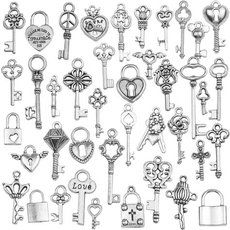 PRICES MAY VARY. Material:Metal alloy,Color: antique silver key and heart lock charms Trinkets Design:Mixed different style old keys and locks,Some keys and locks have Love and words printed on them,but most keys are double-sided, appropriate for your different needs for DIY crafts. Fake Keys:Please be optimistic about the size before placing an order before buying,tips:the keys are not real keys Quantity: 40 pcs rustic keys pendants,as a decoration for kids party,birthday, furniture,Halloween,g Key And Lock Drawing, Heart Lock Tattoo, Fake Skeleton, Lock Drawing, Skeleton Key Tattoo, Lock Tattoo, Key Drawings, Pirate Crafts, Key Tattoo