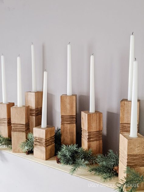 Wooden Taper Candle Holders Diy, Wood Block Taper Candle Holder, Candle Stick Holders Diy, Diy Wooden Candle Holders, Diy Candle Stand, Log Candle Holders Diy, Diy Pillar Candle Holders, Wood Candle Holders Diy, Homemade Candle Holders