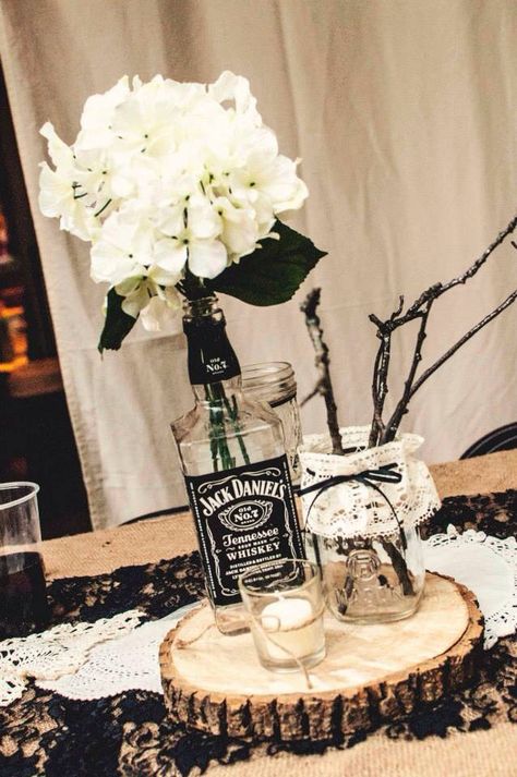 Jack Daniels Hydrangeas Rustic wedding   -MJD Jack Daniels Table Centerpieces, Aged To Perfection Centerpieces, Jack Daniels Wedding, Festa Jack Daniels, Jack Daniels Party, Biker Wedding, Jack Daniels Bottle, Rock Wedding, Rustic Wedding Centerpieces