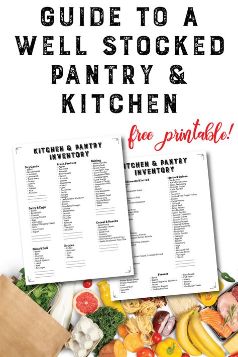 A guide to a well-stocked kitchen and pantry featuring a free printable that lists basic pantry staples to kitchen extras – to help you get meals on the table in any kind of situation. Basic Pantry Staples List, Well Stocked Pantry, Pantry Staples List, Kitchen Extras, Stocked Pantry, Pantry List, Kitchen And Pantry, Apartment Checklist, Pantry Kitchen