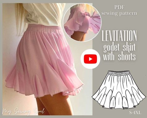 PDF sewing pattern Godet Mini Skirt with shorts Cute Dress Sewing Patterns, Sewing Patterns Designer Clothing, Short Skirt Pattern, Practical Skirt, Skort Pattern, Diy Skirts, Godet Skirt, Skirt With Shorts, Short Pattern