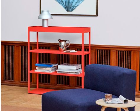 Hay Shelving Unit, Minimal Shelves, Aesthetic Bookshelf, Red Shelves, Aluminum Shelves, Modular Table, Shelving Solutions, Red Home Decor, Modular Shelving