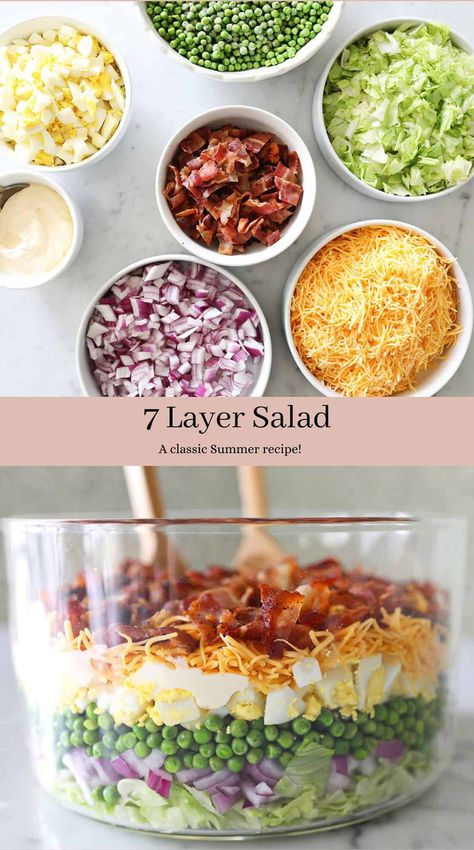 7 Layer Salad - A Beautiful Mess Layered Salad With Peas, 7 Layer Salad, Layer Salad, Seven Layer Salad, Layered Salad Recipes, Cold Salads, Layered Salad, Vegan Bacon, Cold Pasta