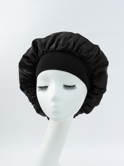 Black  Collar  Satin Plain  Embellished   Women Accessories Black Silk Bonnet, Black Bonnet, Satin Hair Bonnet, Silk Sleep Cap, Hair Bonnets, Grunge Hippie, Silk Bonnet, Satin Noir, Satin Bonnet