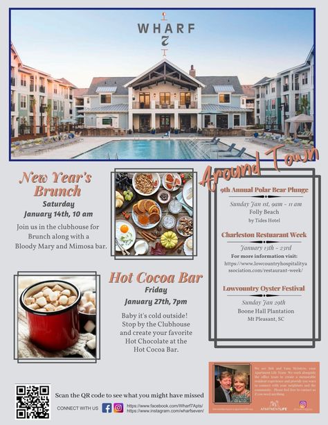 Resident Events Ideas Apartments, Resident Events, Oyster Festival, Ringing In The New Year, Boone Hall, Daniel Island, Folly Beach, Hot Cocoa Bar, Restaurant Week