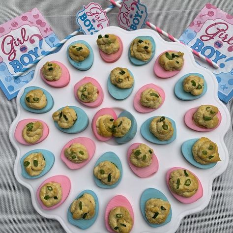 Gender Reveal Deviled Eggs Recipe, Pink And Blue Deviled Eggs Gender Reveal, Gender Reveal Deviled Eggs, Easter Egg Gender Reveal, Gender Reveal Appetizers, Gender Reveal Easter, Easter Gender Reveal Party, Gender Reveal Food, Easter Gender Reveal