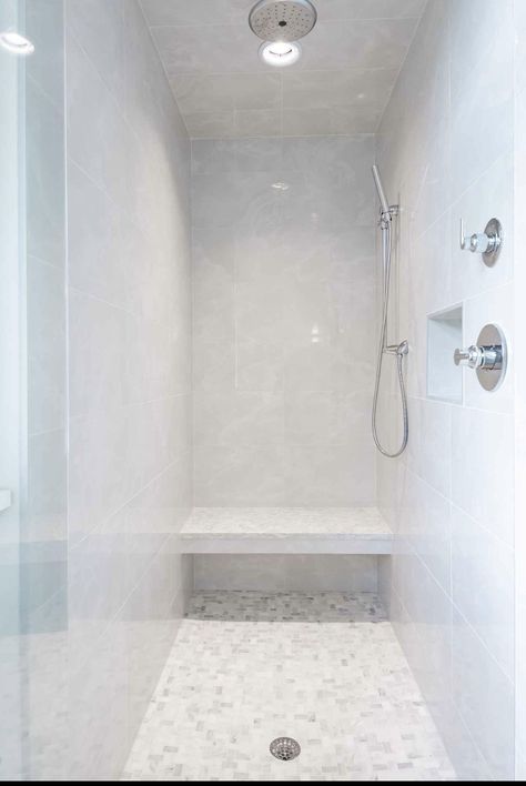 Shower Room Bench, Long Shower With Bench, Wet Room With Seat, Shower No Door Walk In Master Bath, Shower Room With Bench, Showers With Benches Seat, Modern Shower With Bench, Bench In Shower Walk In, Shower With Seat Walk In