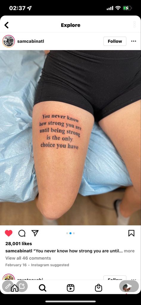 Scar Tattoos Women Leg, Quote Knee Tattoo, Word Tattoo On Leg, Built Different Tattoo, Quad Tattoo Women Quote, Injury Tattoo Ideas, Thigh Tattoo Writing, Leg Word Tattoo, Thigh Text Tattoo