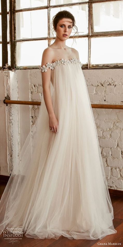 chana marelus fall 2019 bridal off shoulder straight across embellished neckline tent a line wedding dress (4) vintage boho chic sweep train mv -- Chana Marelus Fall/Winter 2019 Wedding Dresses | Wedding Inspirasi #wedding #weddings #bridal #weddingdress #weddingdresses #bride #fashion  ~ Tulle White Dress, Bridal Off Shoulder, Chana Marelus, Maternity Wedding Dress, Wedding Inspirasi, Bride Fashion, Embellished Neckline, Wedding Dresses With Flowers, Mother Wedding Dress