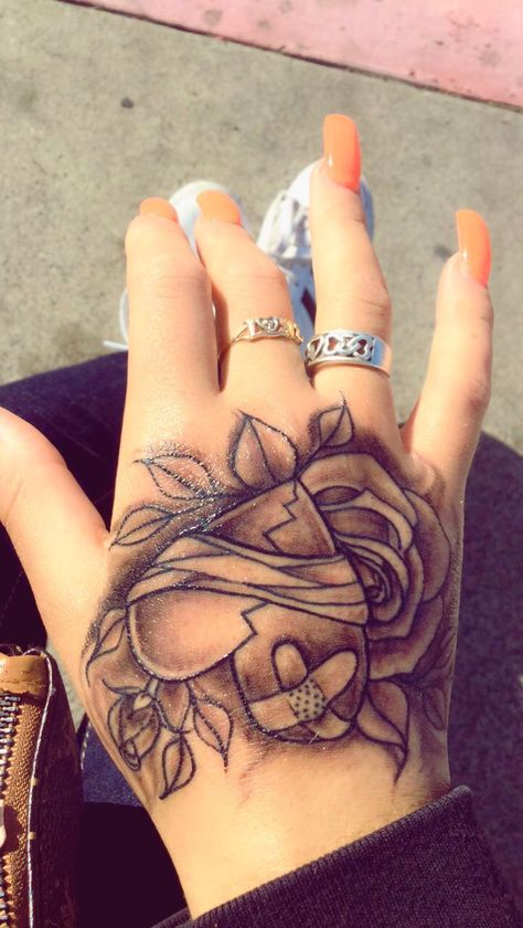 Broken Heart Hand Tattoo Heart On My Sleeve Tattoo Ideas, Small Hand Cover Up Tattoo, Hand Tattoos For Women Heart, Cover Up Tattoos On Hand, Heart Hand Tattoos For Women, Cover Up Hand Tattoos For Women, 3x3 Tattoos Ideas For Women, Heart On Hand Tattoo, Finger Cover Up Tattoos For Women