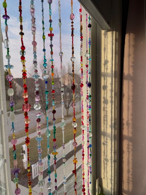 Bead Curtain Closet, How To Decorate A White Wall, Beads In Window, Window Beads Curtains, Door Beads Curtain Diy, Cozy Hippie Bedroom, Aesthetic Window Decor, Door Beads Curtain, Dorm Room Crafts