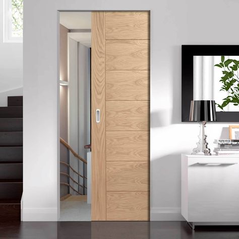 Palermo Flush Oak Absolute Evokit Pocket Door.    #oakdoor #slidingdoor Bathroom Pocket Door Ideas, Oak Doors With Glass, Pocket Sliding Door, Sliding Bathroom Doors, Sliding Pocket Door, Pocket Door Frame, Internal Oak Doors, Oak Front Door, Solid Oak Doors