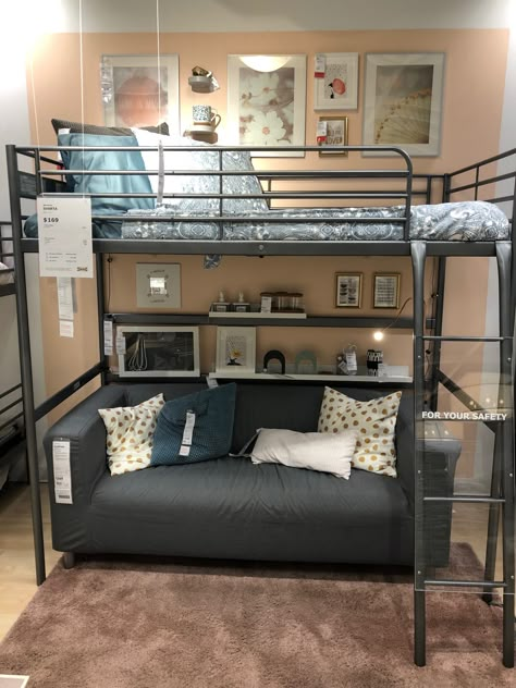 Bunk Bed Studio Apartment, Teen Boy Loft Bedroom Ideas, Loft Bed With Couch Underneath, Small Room Loft Bed, Teen Loft Bedrooms, Boys Loft Bedroom, Loft Bed With Couch, Studio Apartment Bed, Girls Loft Bed