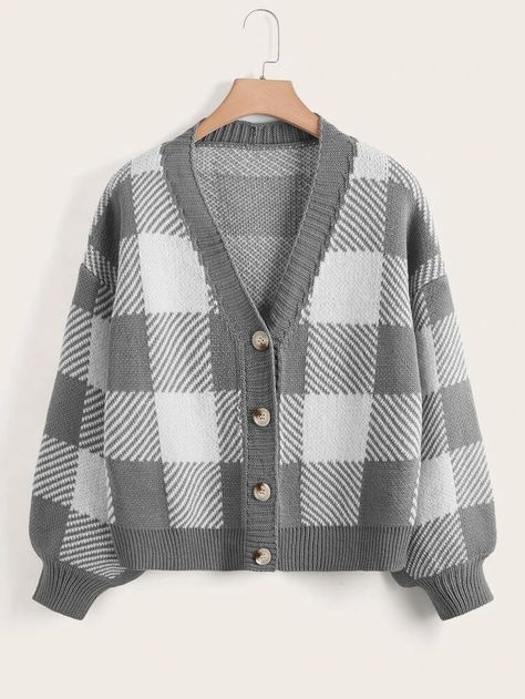 Cargidan Sweaters, Gingham Cardigan, Plus Size Knitwear, Shoulder Cardigan, Korean Top, Drop Shoulder Cardigan, Fall Plus Size, Plus Size Cardigans, Cute Cardigans