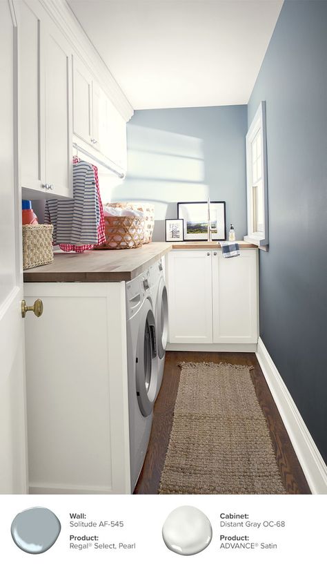 When you need your laundry room to be a calming retreat, look no further than Solitude AF-545. Paired with Distant Gray OC-68 on the cabinets, laundry time can become peaceful and stylish. Laundry Paint Colors, Blue Laundry Room Ideas, Laundry Room Paint Colors, Elegant Paint Colors, Bg House, Laundry Inspiration, Interior Paint Finishes, Laundry Room Paint Color, Narrow Laundry Room