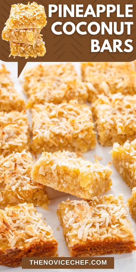 Pineapple Coconut Squares Recipe, Tropical Baked Goods, Coconut Breakfast Bars, Pineapple Coconut Bars Recipe, Pineapple Treats For Party, Baked Pineapple Dessert, Vegan Coconut Bars, Pineapple Bars Pioneer Woman, Baking With Pineapple