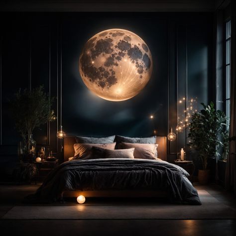 Enlightening, Beautiful and Enchanting Moon Wall Art Cute Bedroom Decor For Teens, Moon Interior Design, Moon Bedroom Aesthetic, Moon Bedroom Ideas, Moon Wall Painting, Small Room Bedroom Ideas, Bedroom Ideas For Apartments, Moon Inspired Bedroom, Crazy Lighting