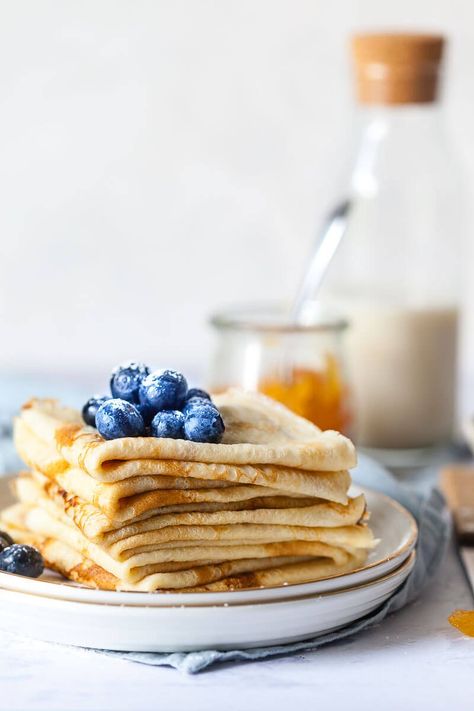 Easy and Delicious Homemade Dairy-Free Crepes are made with eggs, flour, plant-based milk and a dash of sugar. No dairy or lactose. #crepes #dairyfree #pancakes #breakfast #lactosefree Best Crepe Recipe, Thin Pancakes, Sweet Crepes, Savory Crepes, Crepe Recipes, Fool Proof Recipes, Food Shows, Perfect Breakfast, Breakfast Recipes Easy