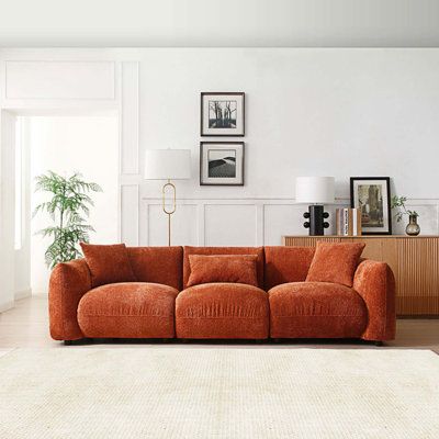 Application: Primary Living Space Fabric: Orange Fabric | Latitude Run® Elyseum 109.84" Sofa in Orange, Size 29.53 H x 109.84 W x 38.98 D in | Wayfair Unique Couches, Urban Sanctuary, Sectional Sofa Comfy, Mid Century Modern Couch, Dallas Apartment, Chicago House, Mid Century Modern Sofa, Design 101, Modern Couch