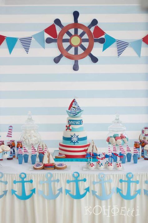 Red and blue nautical birthday party! See more party ideas at CatchMyParty.com! Sailor Party Games, Sailor Baby Showers, Sailor Birthday, Sailor Theme, Navy Party, Nautical Birthday Party, Nautical Themed Party, Nautical Birthday, Nautical Party