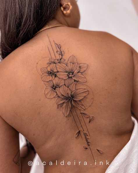 Daffodil Back Tattoo, Lilly Spine Tattoo, Daffodil Spine Tattoo, Orchid Spine Tattoo, Lily Spine Tattoo, Lily Back Tattoo, Tattoo Daffodil, Freesia Tattoo, Tattoo Orchid